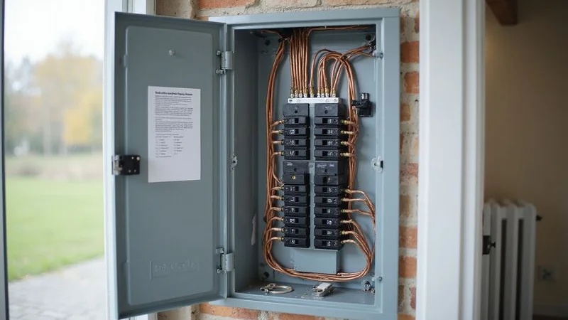 Otwarta tablica rozdzielcza z opisanymi obwodami elektrycznymi