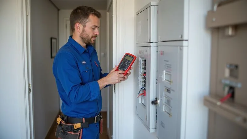 Profesjonalny elektryk z narzędziami pomiarowymi wykonuje naprawę instalacji